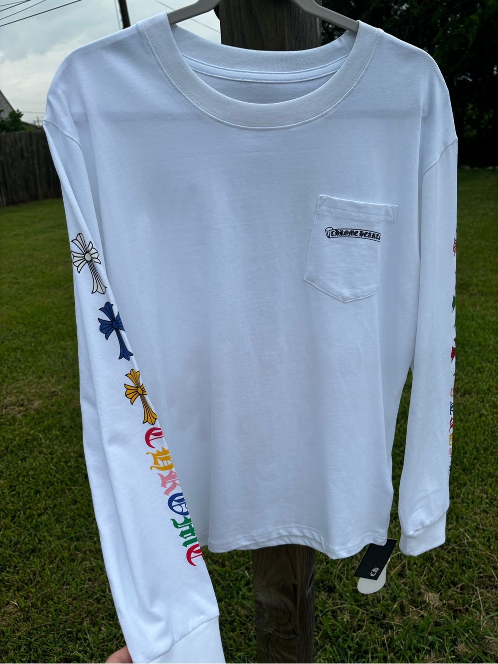 White Chrome Heart Long Sleeve Pocket Tee with Colorful Sleeve Crosses